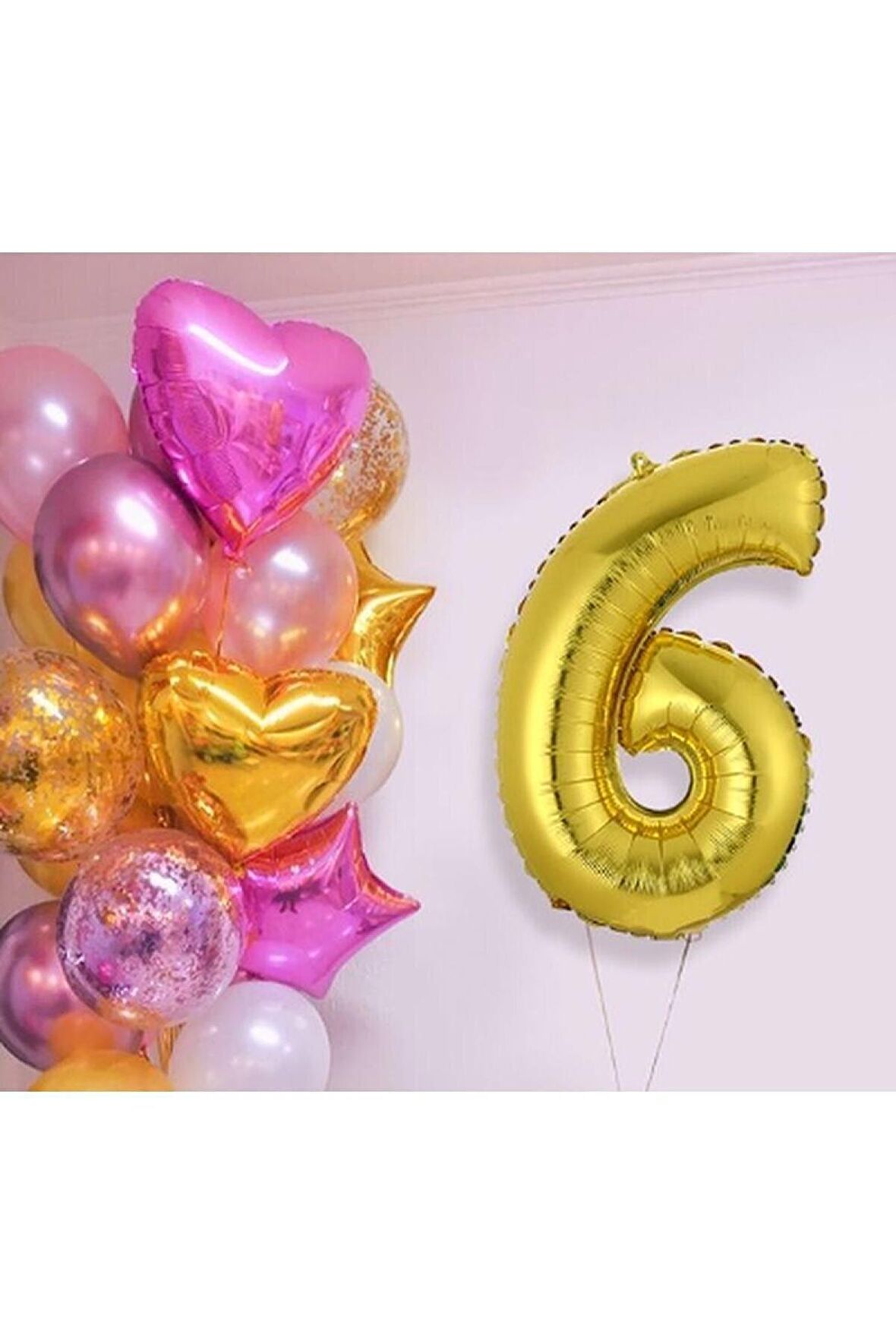 Pembe Gold Kalp Yıldız Rakam Konsept Balon Seti 6 Yaş 