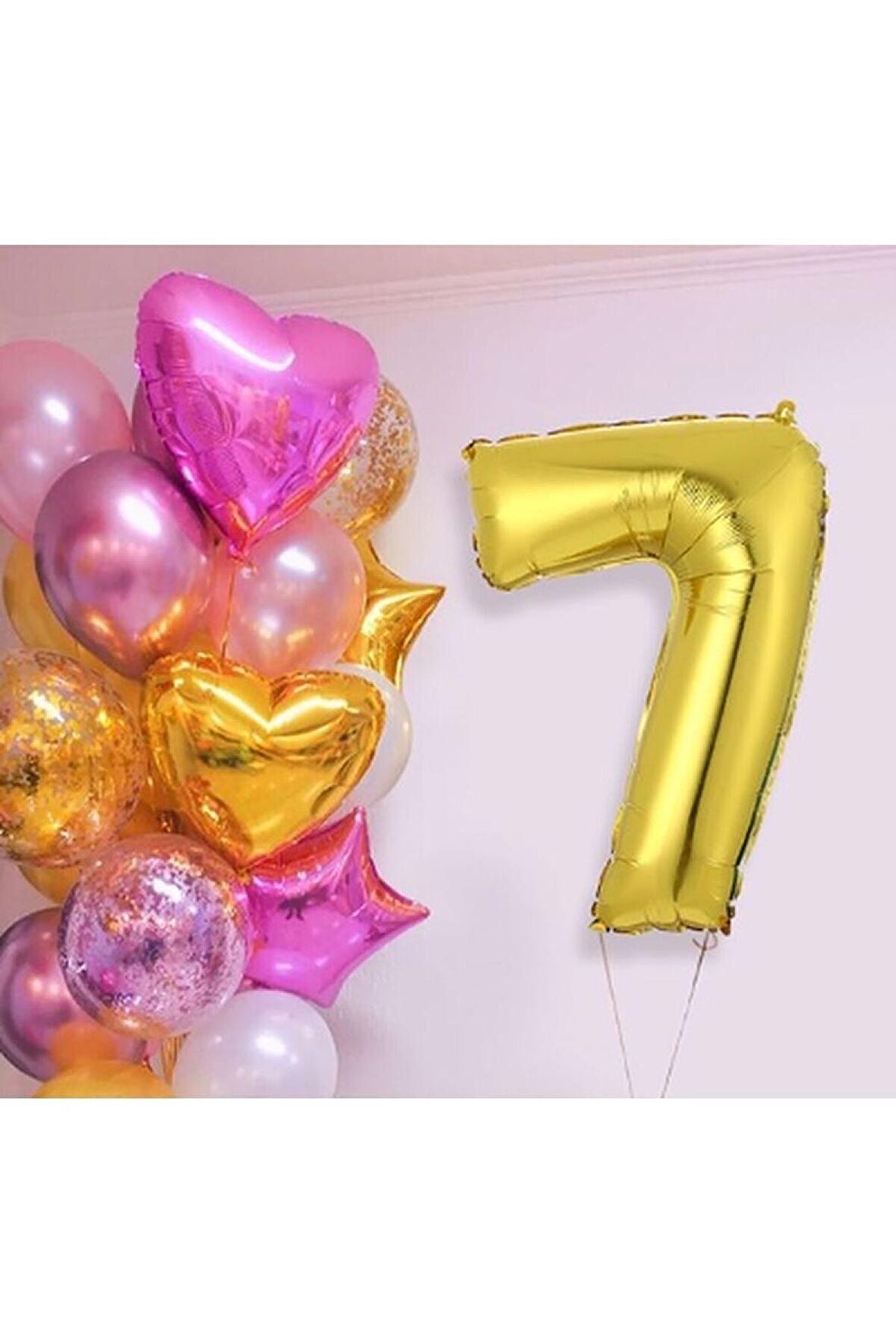 Pembe Gold Kalp Yıldız Rakam Konsept Balon Seti 7 Yaş 