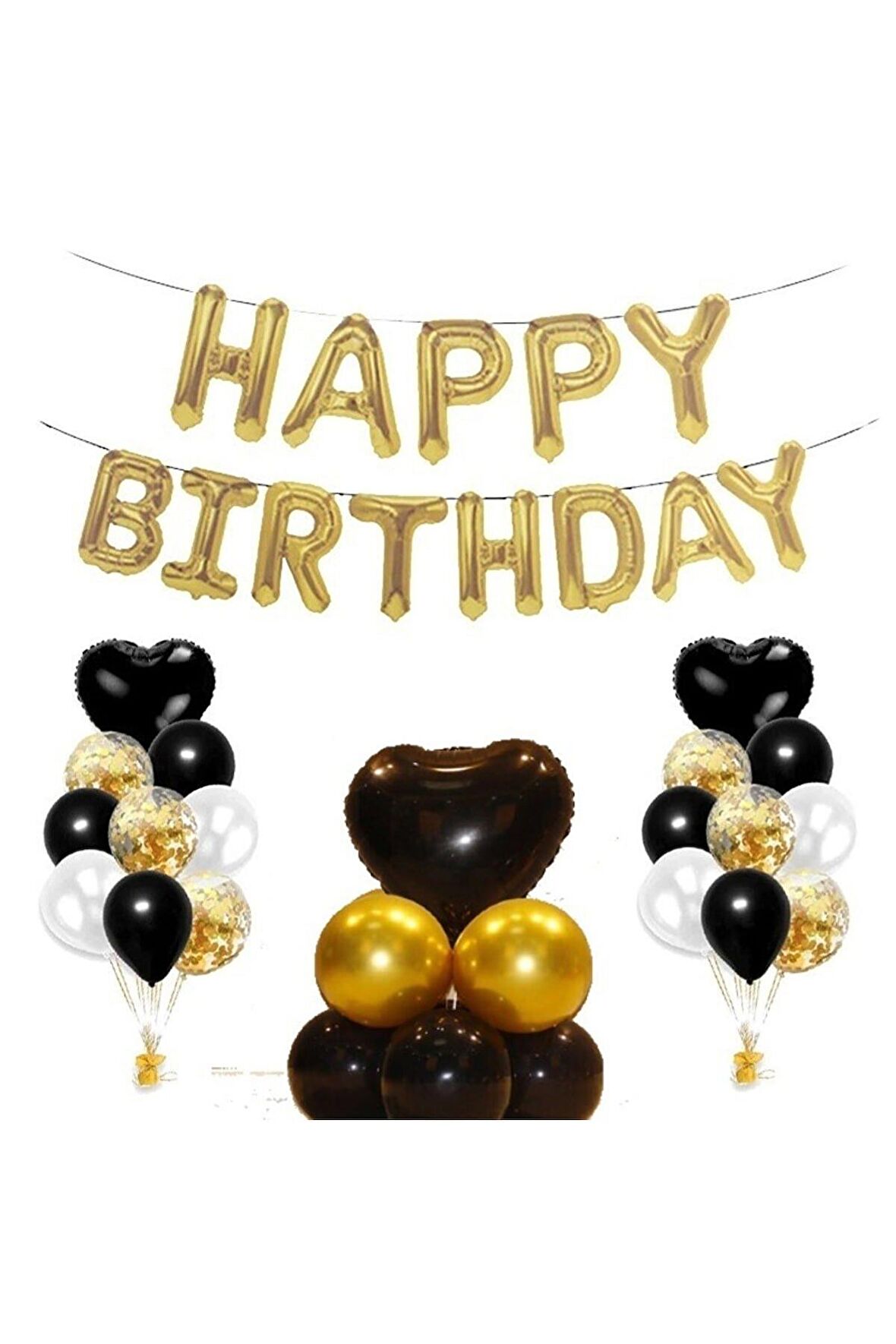 Siyah Kalp folyo Happy Bırthday Doğum Günü Seti