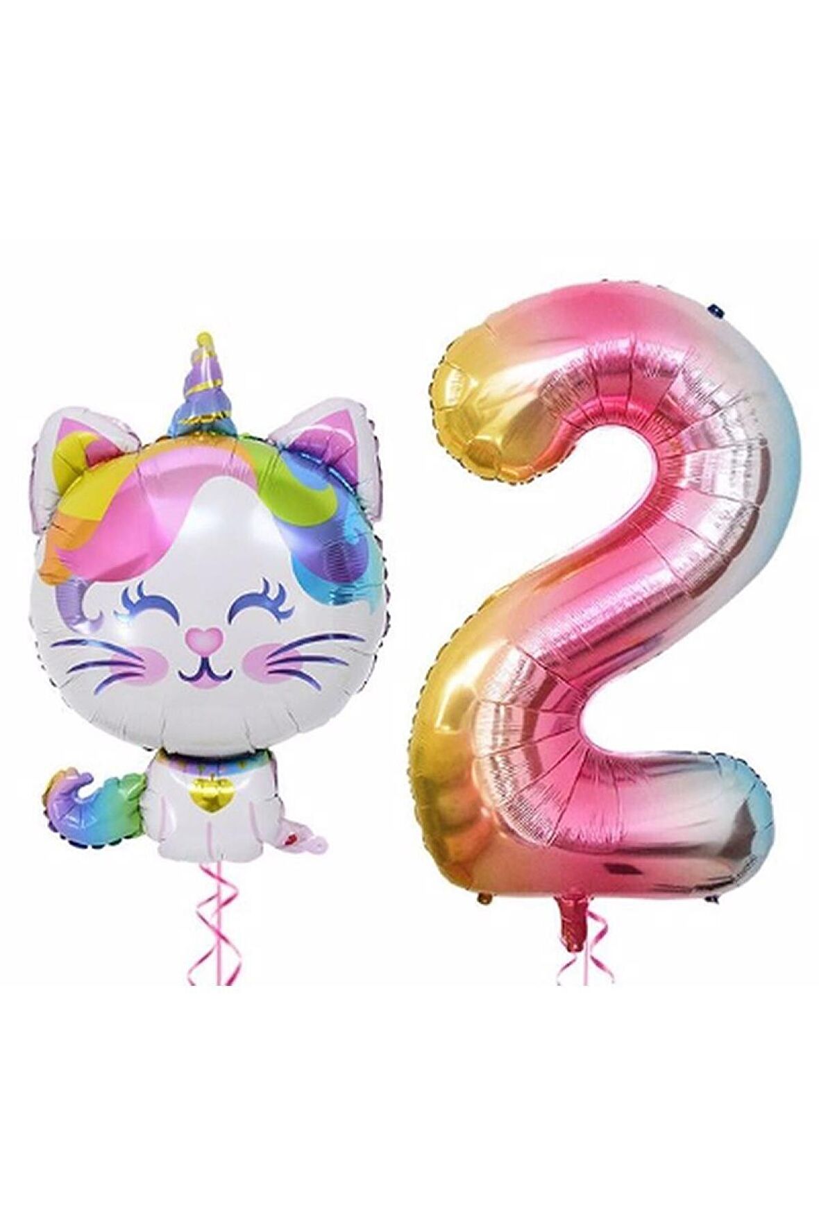 Unicorn Kedi Balon Gökkuşağı Renkli Sayı Doğum Günü Set Yaş 2