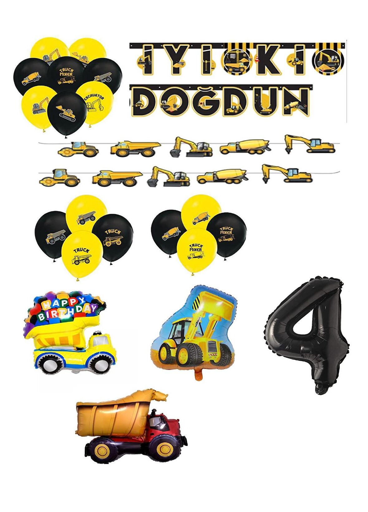 İnşaat Temalı Doğum Günü Bannerlı Kamyon Kepçe Şekilli Balon Seti Yaş 4