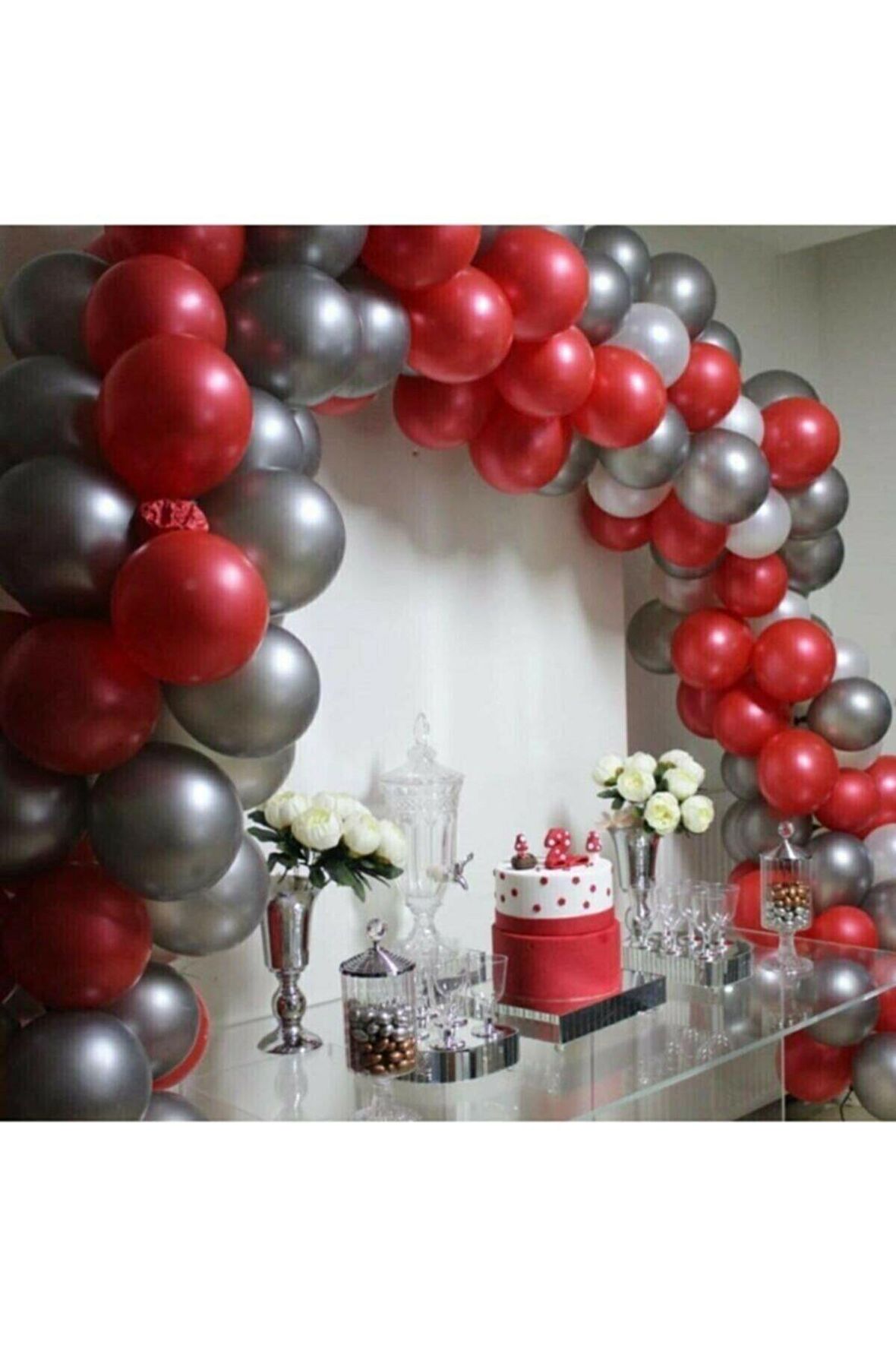 100 Adet Metalik Balon (Kırmızı, Gümüş) +Balon Zinciri Hediye