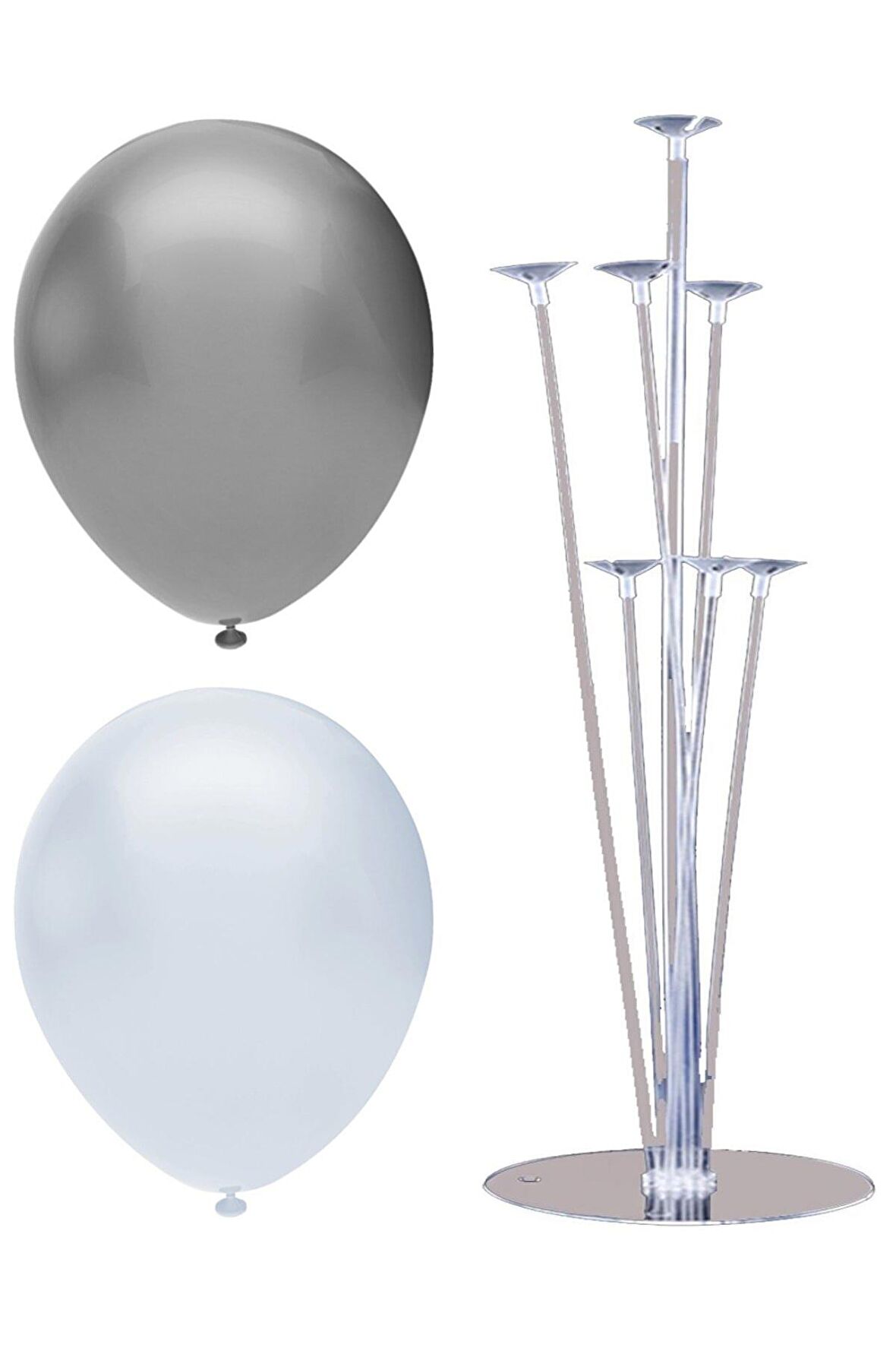 7 Çubuklu Balon Standı + 40 adet balon ( Beyaz, Gümüş )