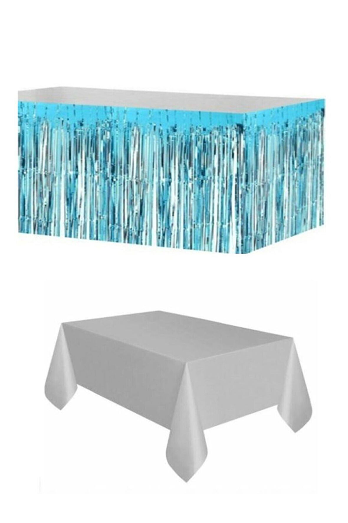Mavi Metalize Masa Etegi + Plastik Gümüş Masa Örtüsü