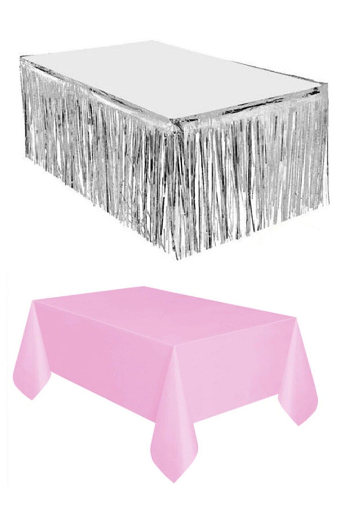 Gümüş Metalize Masa Eteği + Plastik Pembe Masa Örtüsü
