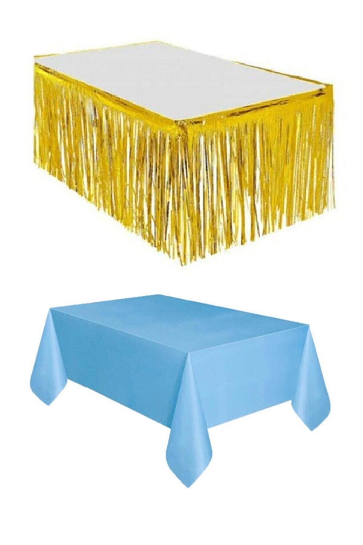 Gold Metalize Masa Etegi + Plastik Mavi Masa Örtüsü