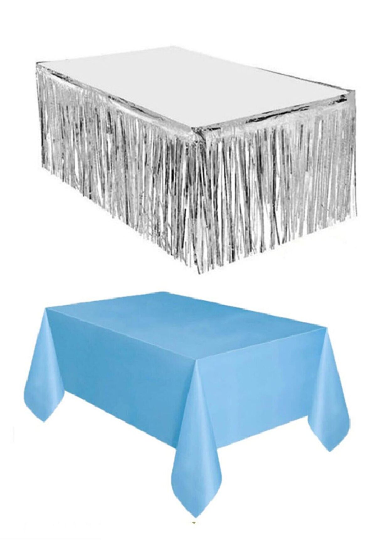 Gümüş Metalize Masa Etegi + Plastik Mavi Masa Örtüsü