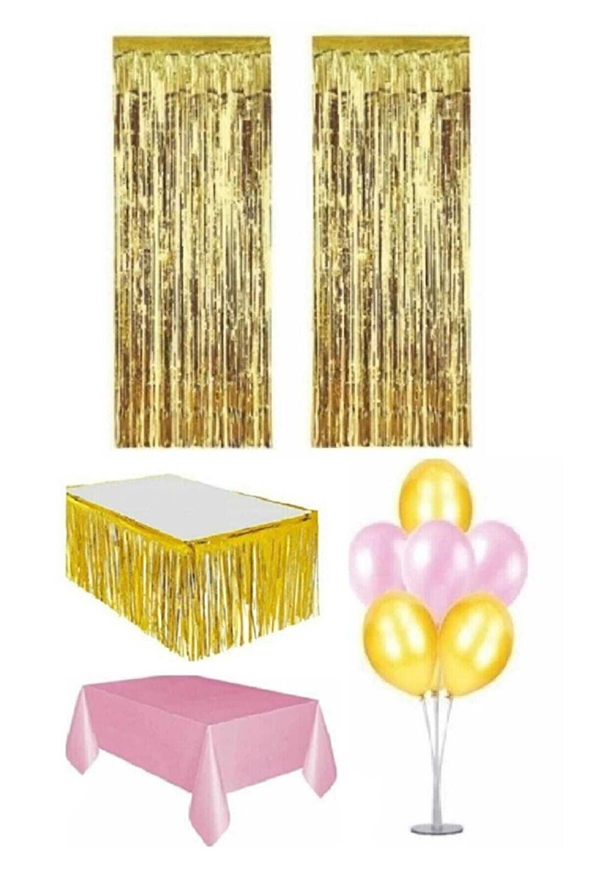 Gold Renk Metalize Perde Metalize Masa Eteği Plastik Masa Örtüsü 7 Balon Standı Seti 