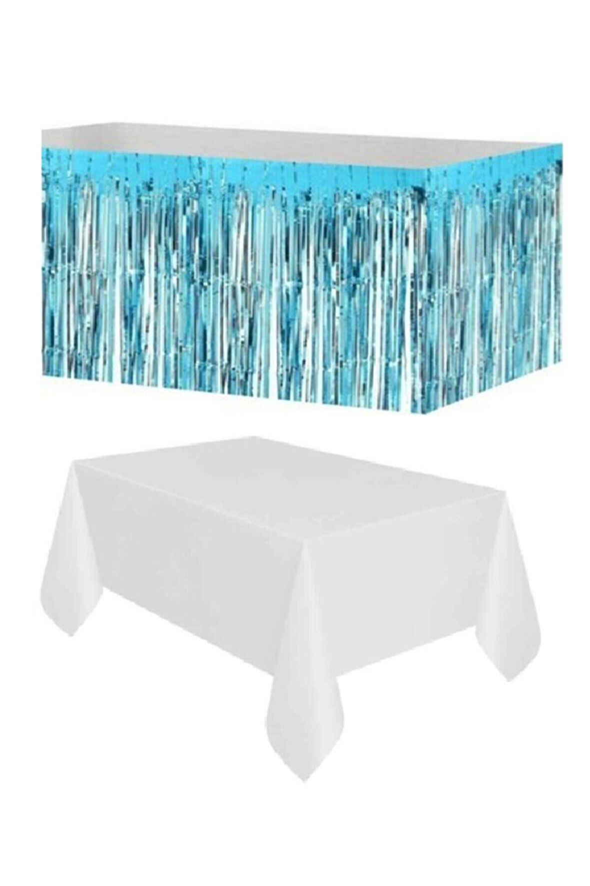 Mavi Metalize Masa Etegi + Plastik Beyaz Masa Örtüsü
