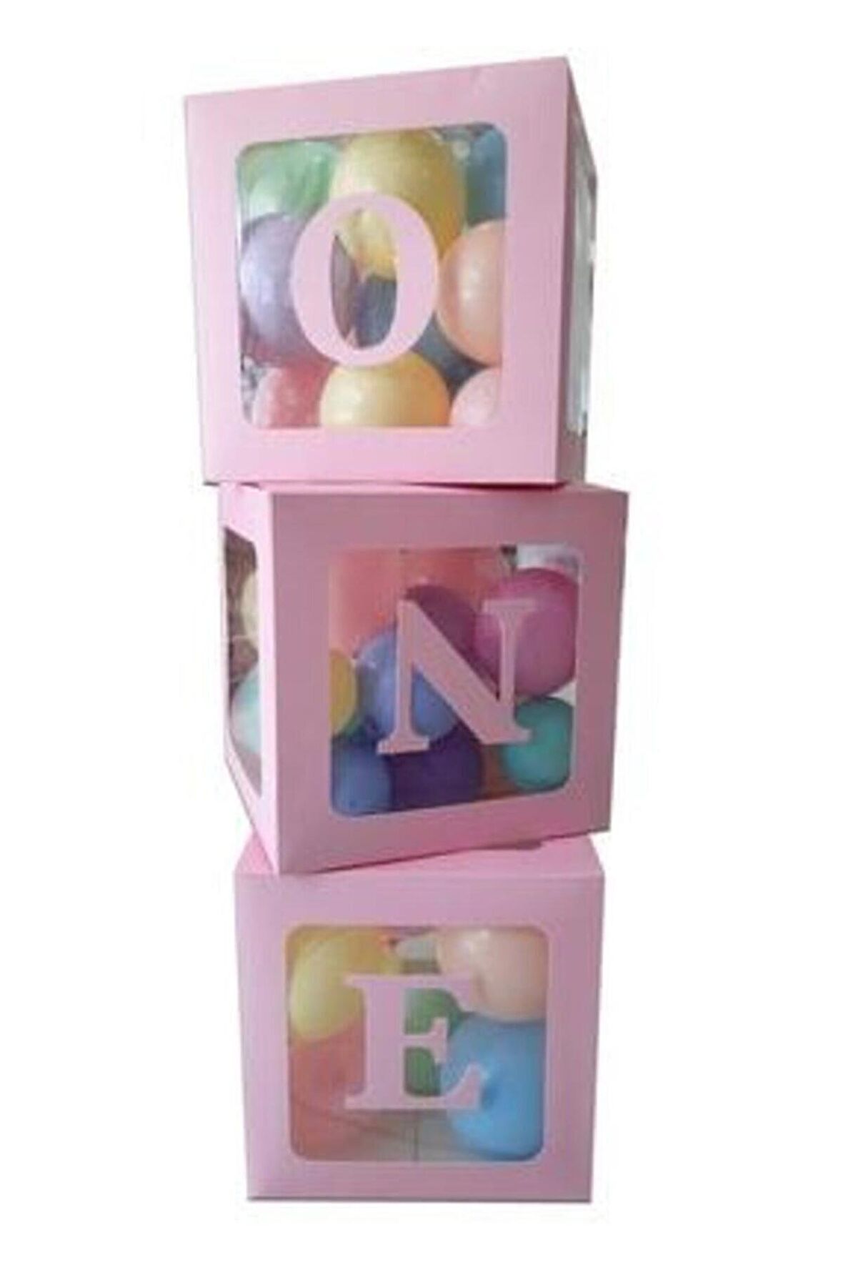 One Yazılı Pembe Şeffaf Harfli Kutu + 30 Adet Balon