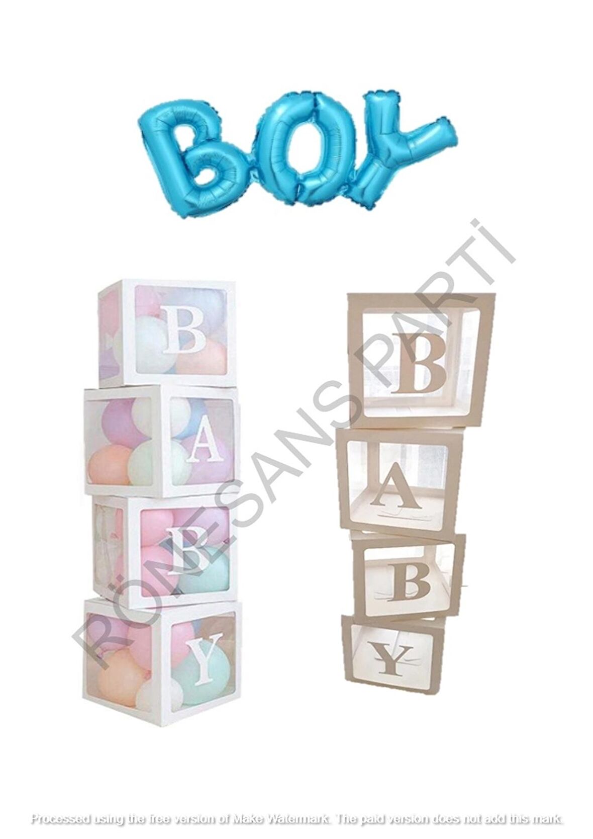 Beyaz Baby Yazılı Şeffaf Balon Kutusu Boy Folyo Balon ve Balon Seti