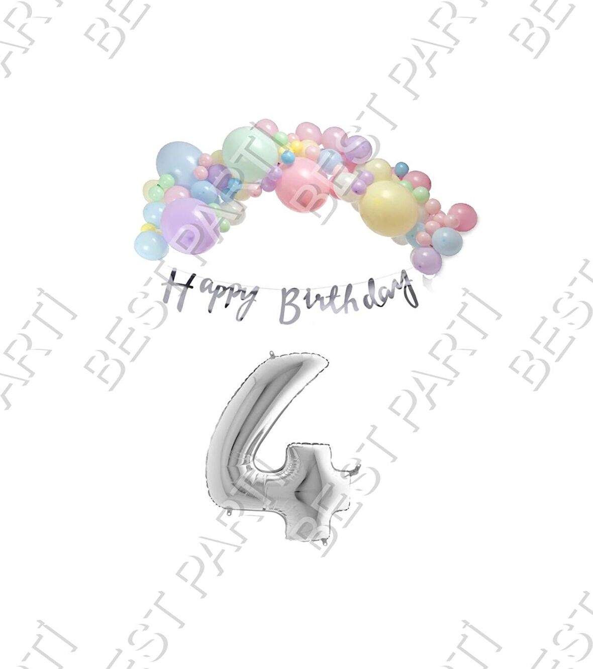 Happy Bırthday Yazılı Kaligrafi Banner Makaron Balon Seti 4 Yaş Gümüş Set Doğum Günü