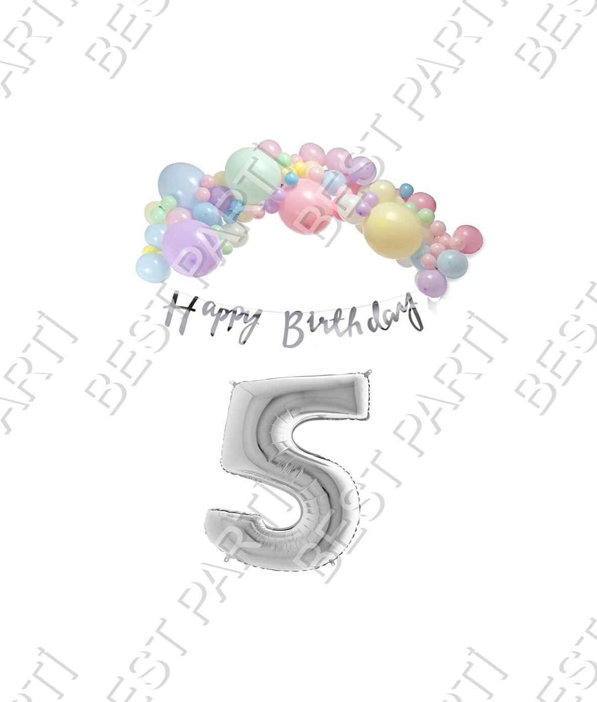 Happy Bırthday Yazılı Kaligrafi Banner Makaron Balon Seti 5 Yaş Gümüş Set Doğum Günü