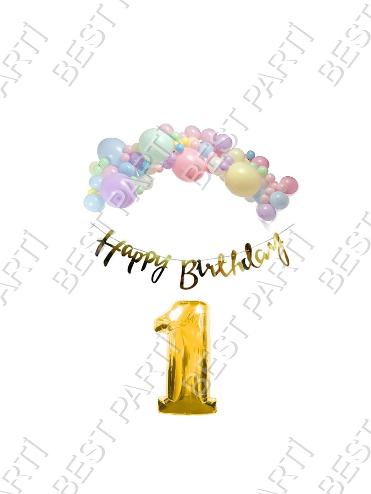 Happy Bırthday Yazılı Kaligrafi Banner Makaron Balon Seti 1 Yaş Gold Set Doğum Günü