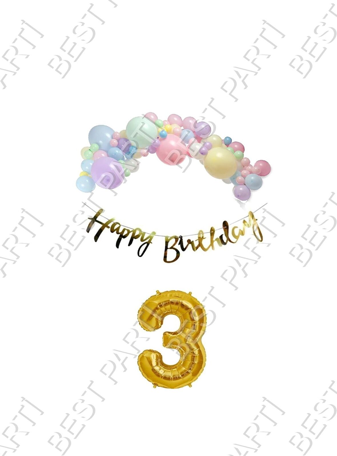 Happy Bırthday Yazılı Kaligrafi Banner Makaron Balon Seti 3 Yaş Gold Set Doğum Günü