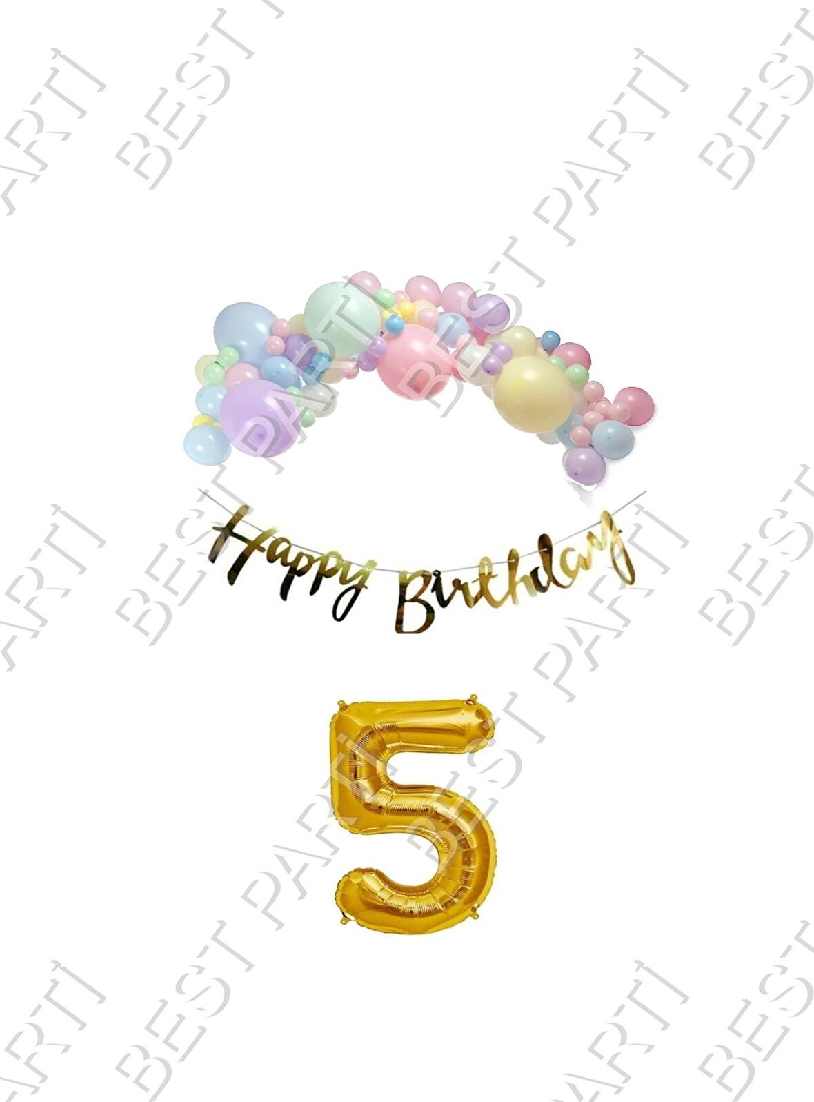 Happy Bırthday Yazılı Kaligrafi Banner Makaron Balon Seti 5 Yaş Gold Set Doğum Günü
