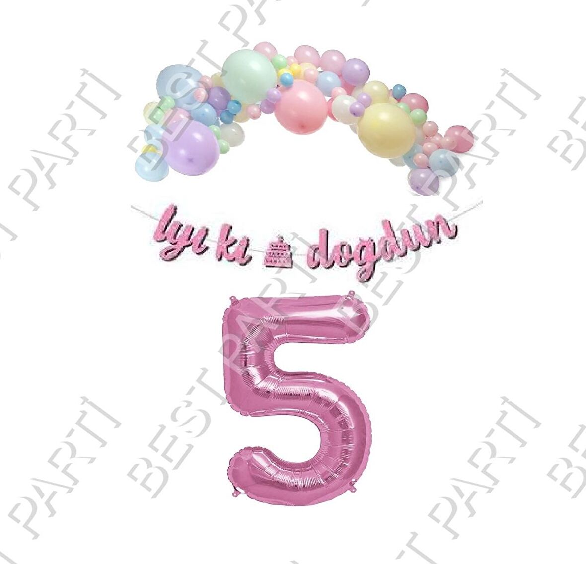 İyiki Doğdun Yazılı Kaligrafi Banner Makaron Balon Seti 5 Yaş Pembe Set Doğum Günü