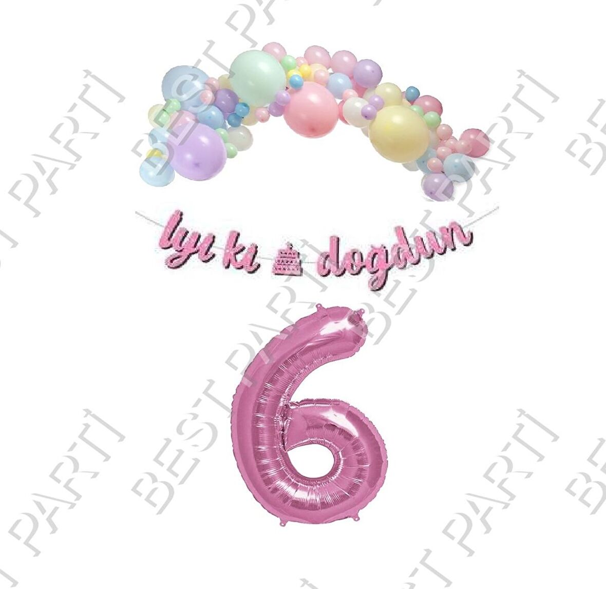 İyiki Doğdun Yazılı Kaligrafi Banner Makaron Balon Seti 6 Yaş Pembe Set Doğum Günü