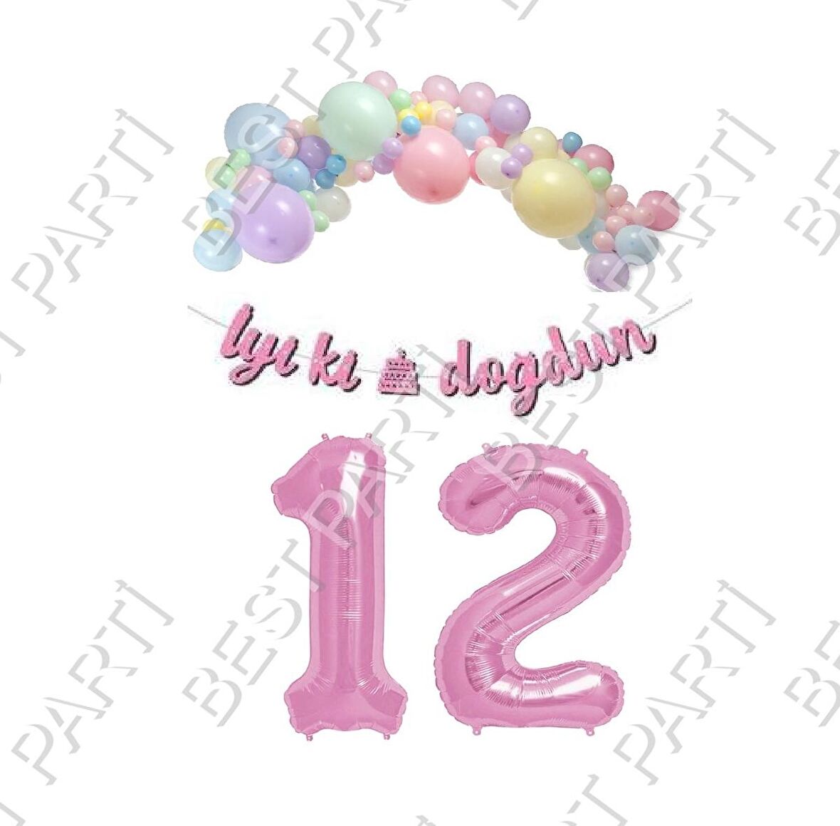 İyiki Doğdun Yazılı Kaligrafi Banner Makaron Balon Seti 12 Yaş Pembe Set Doğum Günü