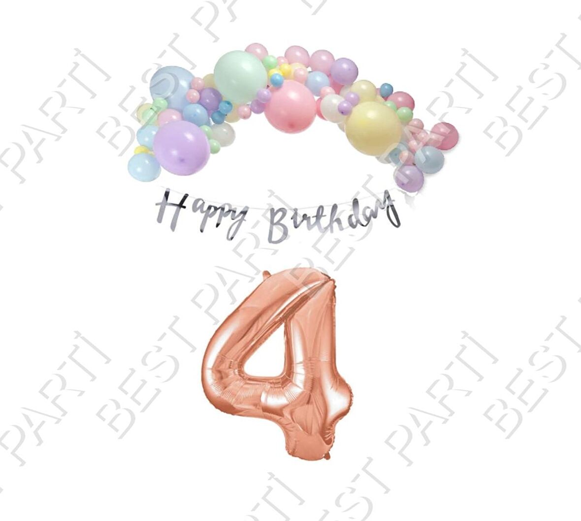 Happy Bırthday Gümüş Yazılı Kaligrafi Banner Makaron Balon Seti 4 Yaş Rose Gold Set Doğum Günü