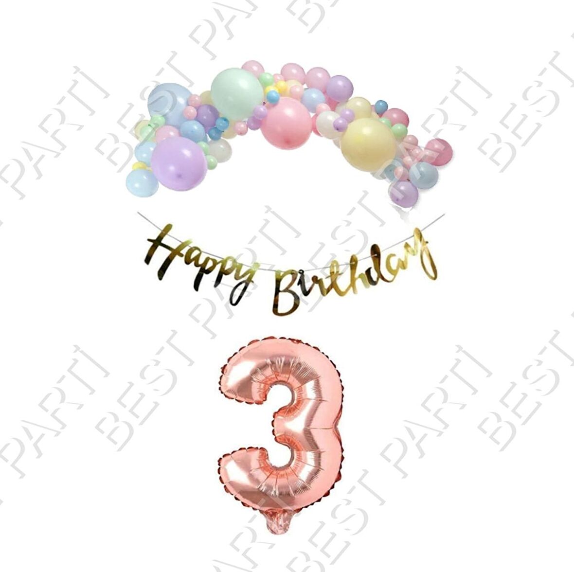 Happy Bırthday Gold Yazılı Kaligrafi Banner Makaron Balon Seti 3 Yaş Rose Gold Set Doğum Günü