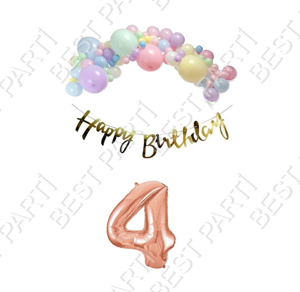 Happy Bırthday Gold Yazılı Kaligrafi Banner Makaron Balon Seti 4 Yaş Rose Gold Set Doğum Günü