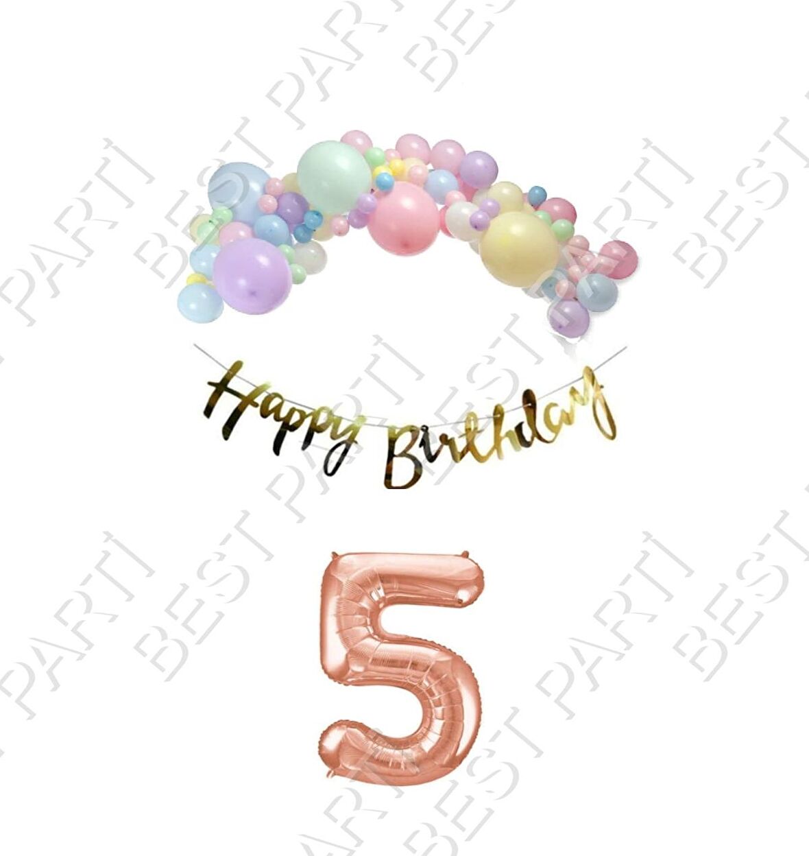 Happy Bırthday Gold Yazılı Kaligrafi Banner Makaron Balon Seti 5 Yaş Rose Gold Set Doğum Günü