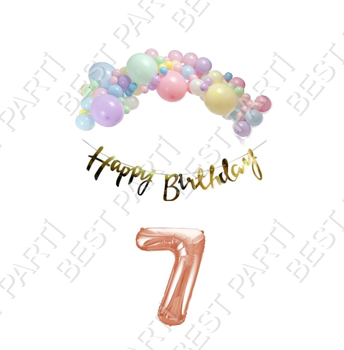 Happy Bırthday Gold Yazılı Kaligrafi Banner Makaron Balon Seti 7 Yaş Rose Gold Set Doğum Günü