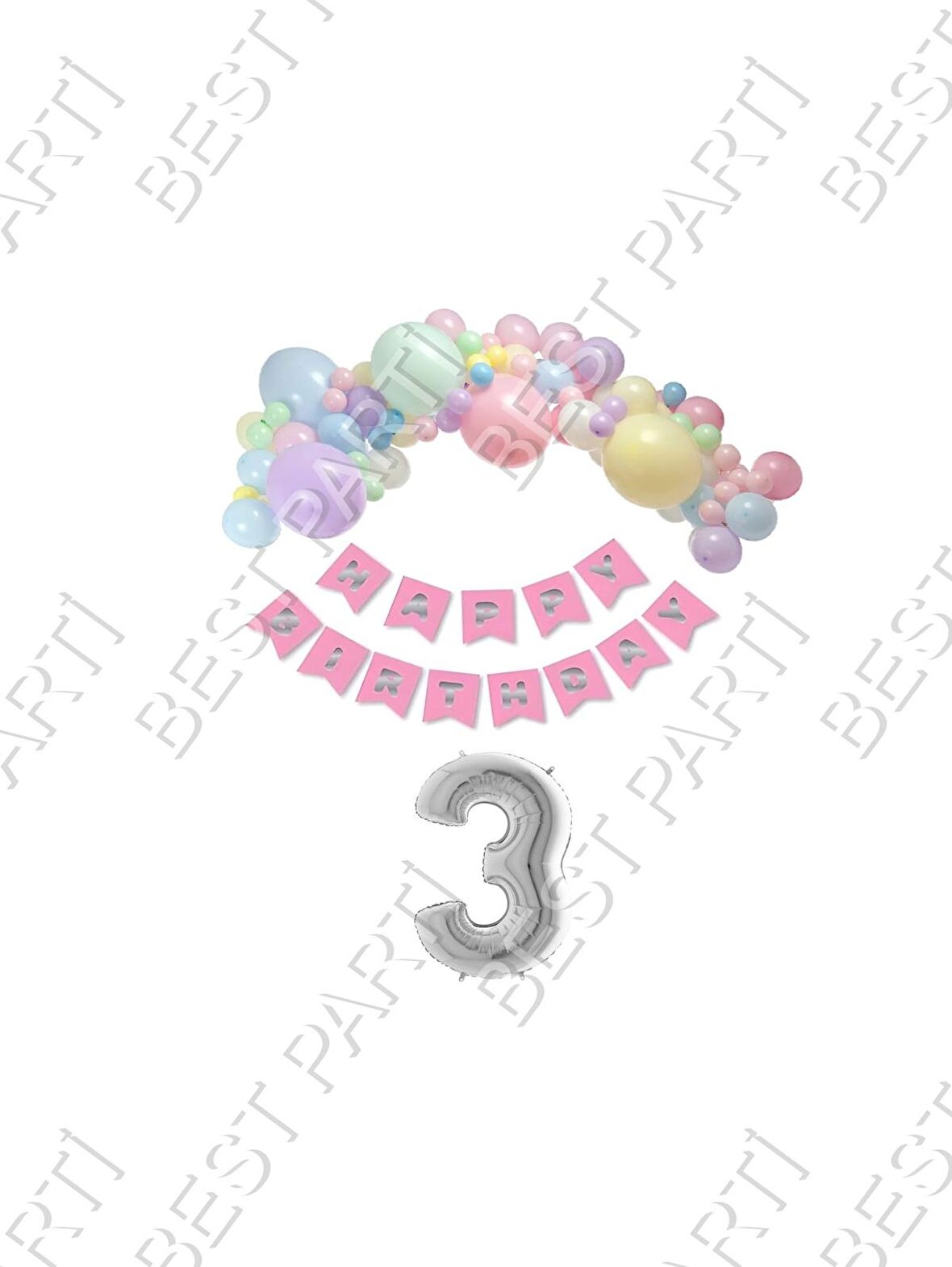 Happy Bırthday Yazılı Banner Makaron Balon Seti 3 Yaş Gümüş Set Doğum Günü