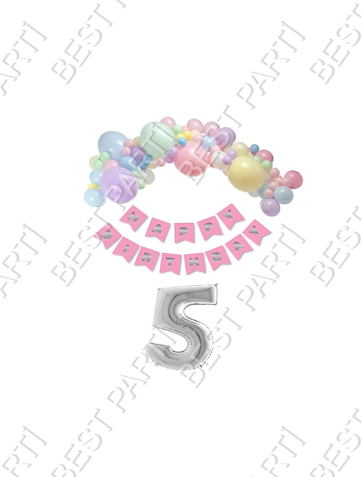 Happy Bırthday Yazılı Banner Makaron Balon Seti 5 Yaş Gümüş Set Doğum Günü