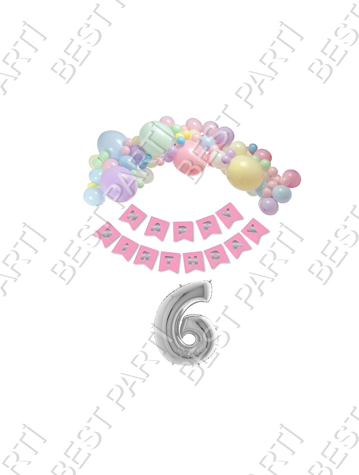 Happy Bırthday Yazılı Banner Makaron Balon Seti 6 Yaş Gümüş Set Doğum Günü