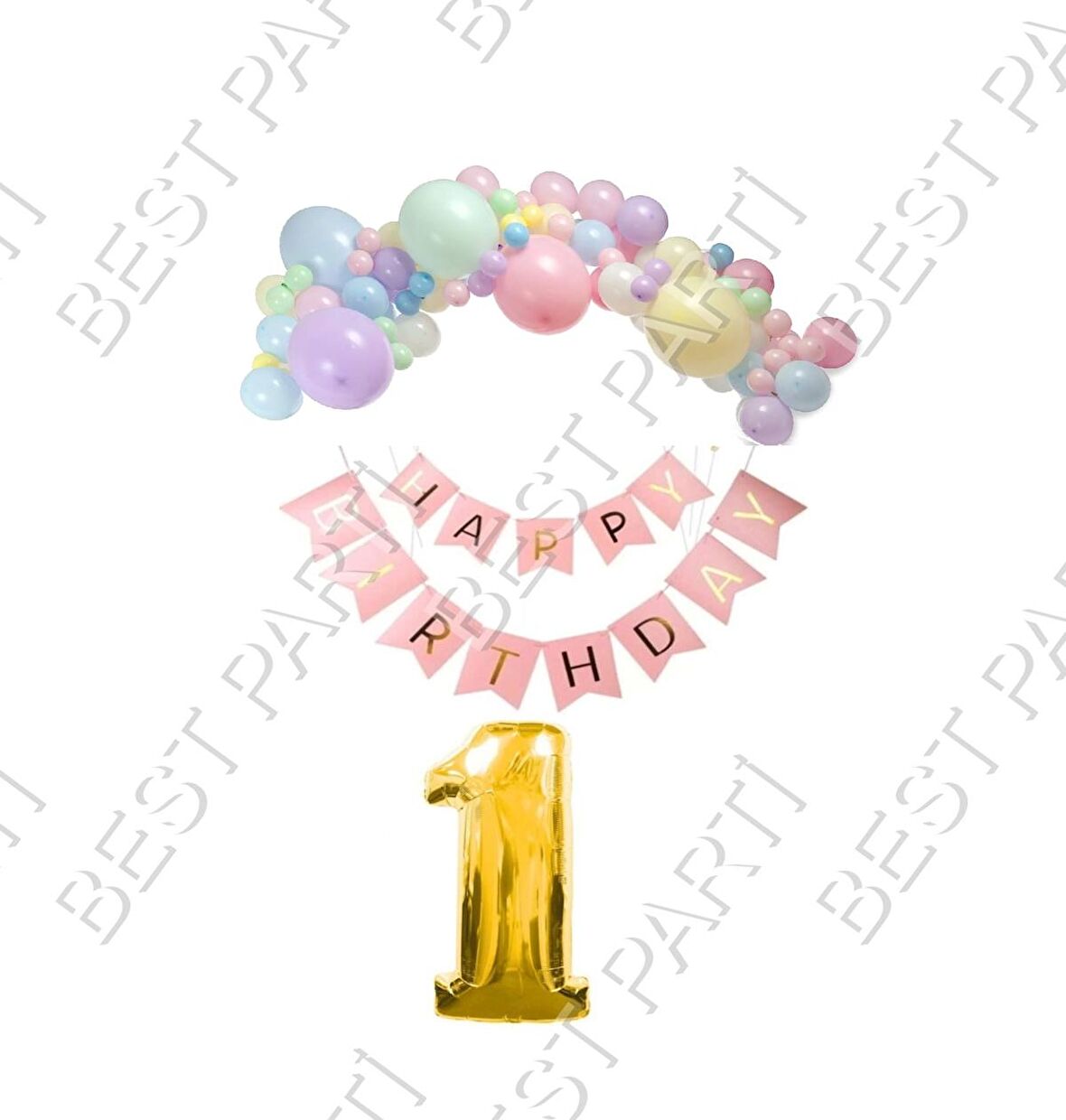 Happy Bırthday Yazılı Banner Makaron Balon Seti 1 Yaş Gold Set Doğum Günü