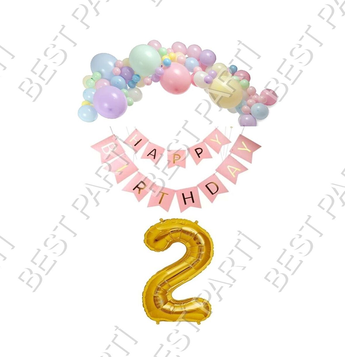 Happy Bırthday Yazılı Banner Makaron Balon Seti 2 Yaş Gold Set Doğum Günü