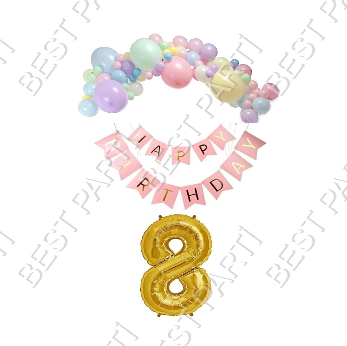 Happy Bırthday Yazılı Banner Makaron Balon Seti 8 Yaş Gold Set Doğum Günü