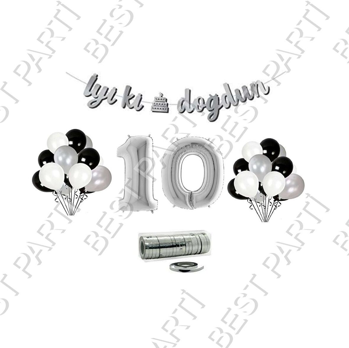 Rafya İpli 10 Yaş Gümüş Folyo Balon İyiki Doğdun Yazılı Banner Balon Set Doğum Günü