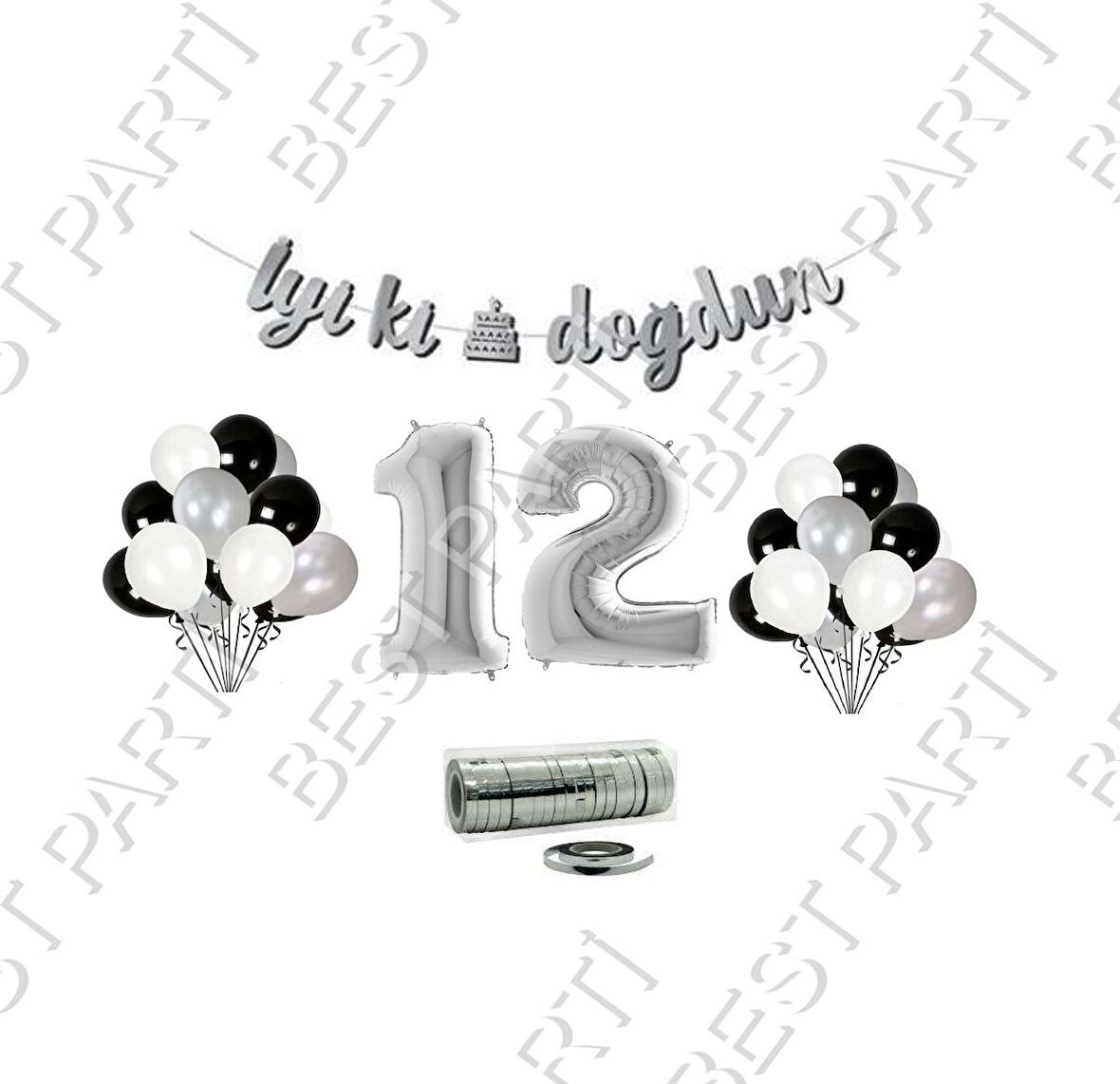 Rafya İpli 12 Yaş Gümüş Folyo Balon İyiki Doğdun Yazılı Banner Balon Set Doğum Günü
