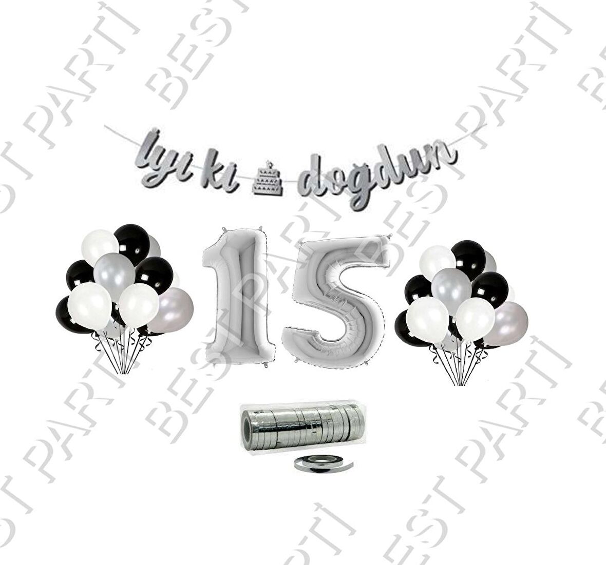 Rafya İpli 15 Yaş Gümüş Folyo Balon İyiki Doğdun Yazılı Banner Balon Set Doğum Günü