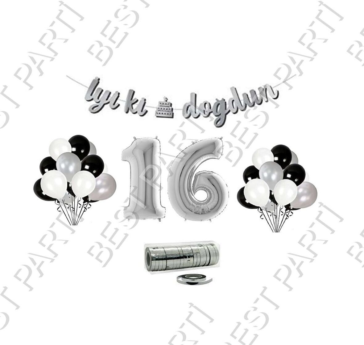 Rafya İpli 16 Yaş Gümüş Folyo Balon İyiki Doğdun Yazılı Banner Balon Set Doğum Günü