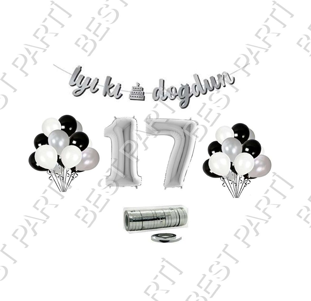 Rafya İpli 17 Yaş Gümüş Folyo Balon İyiki Doğdun Yazılı Banner Balon Set Doğum Günü