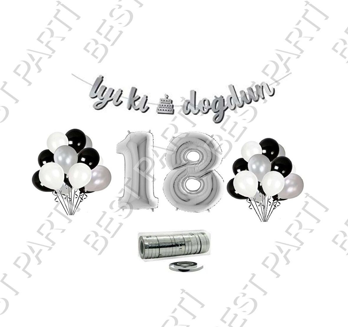 Rafya İpli 18 Yaş Gümüş Folyo Balon İyiki Doğdun Yazılı Banner Balon Set Doğum Günü