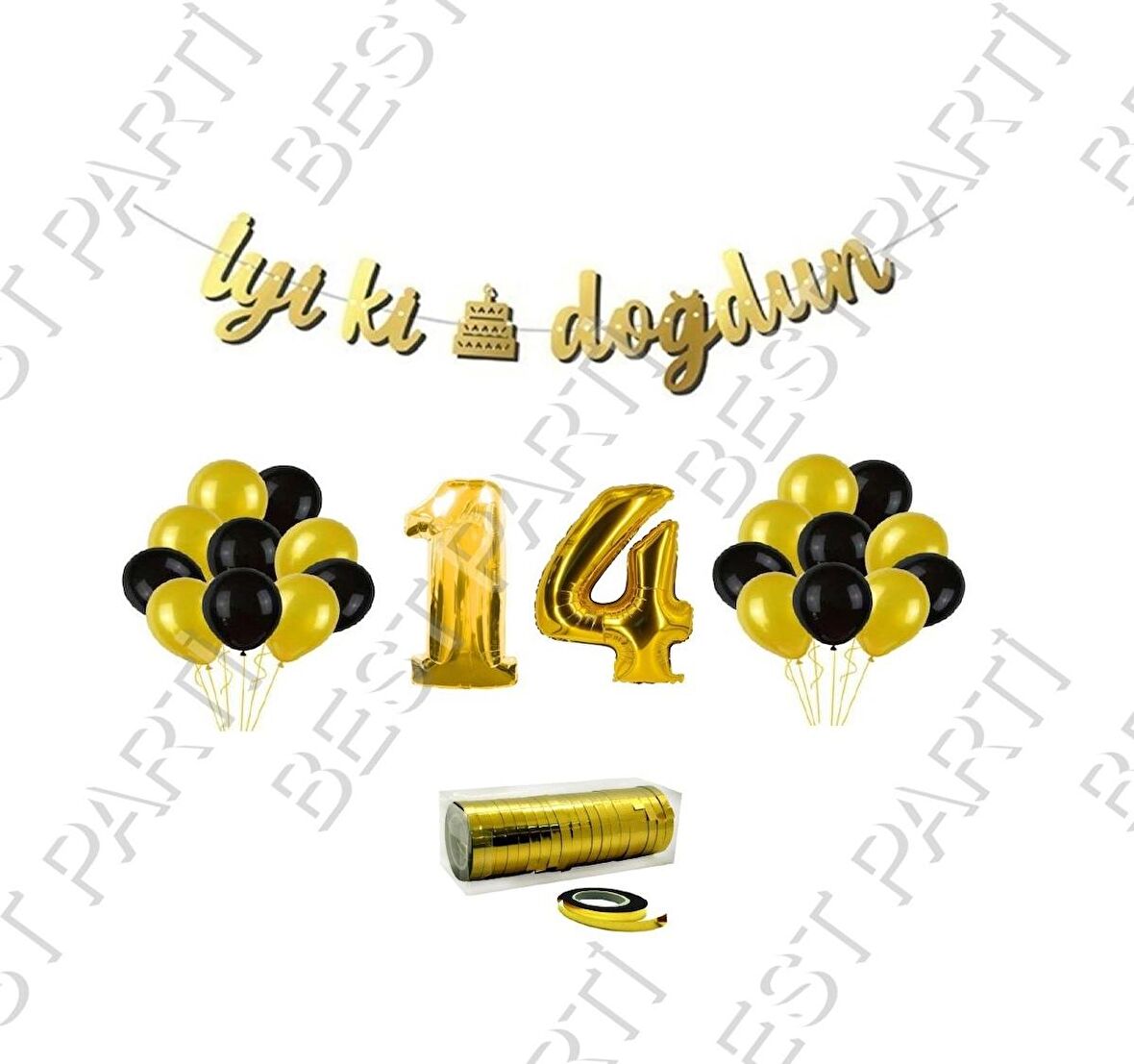 Rafya İpli 14 Yaş Gold Folyo Balon İyiki Doğdun Yazılı Banner Balon Set Doğum Günü