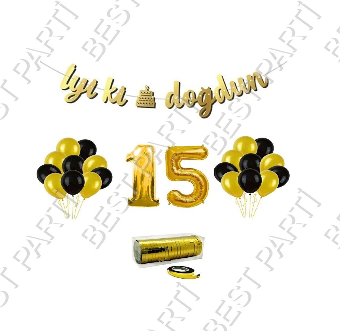 Rafya İpli 15 Yaş Gold Folyo Balon İyiki Doğdun Yazılı Banner Balon Set Doğum Günü