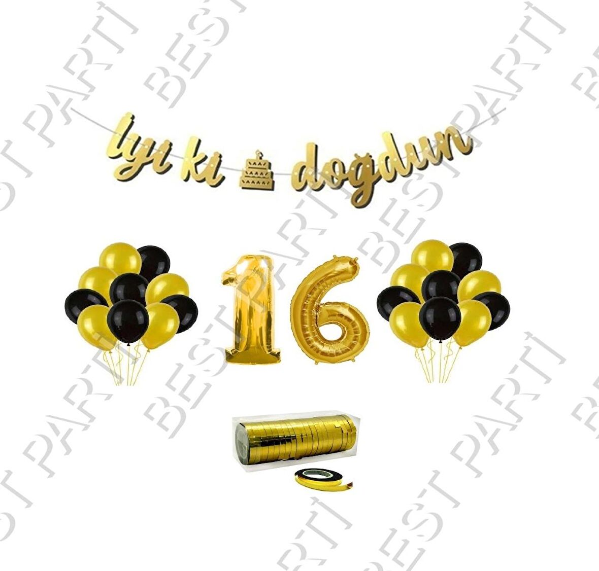 Rafya İpli 16 Yaş Gold Folyo Balon İyiki Doğdun Yazılı Banner Balon Set Doğum Günü
