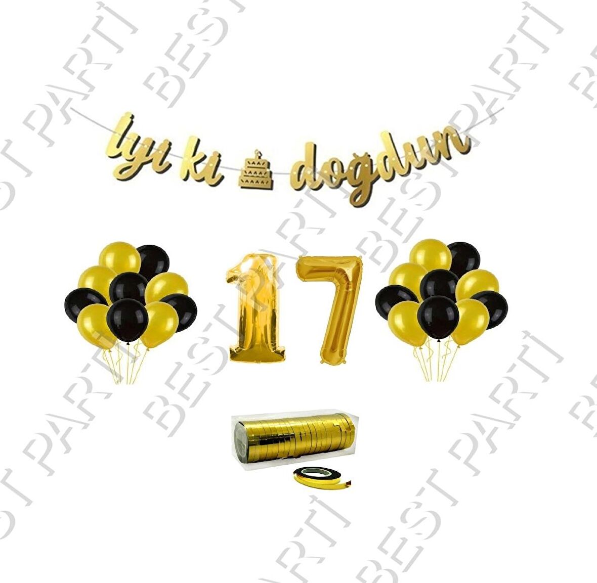 Rafya İpli 17 Yaş Gold Folyo Balon İyiki Doğdun Yazılı Banner Balon Set Doğum Günü