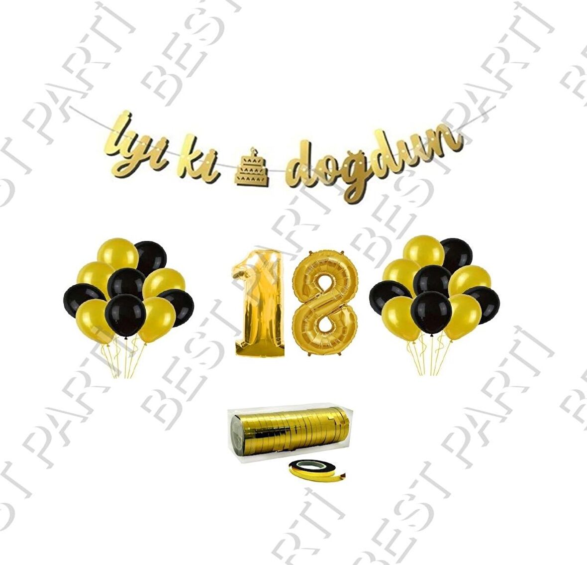 Rafya İpli 18 Yaş Gold Folyo Balon İyiki Doğdun Yazılı Banner Balon Set Doğum Günü