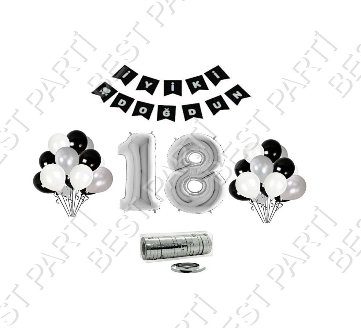 Rafya İpli 18 Yaş Gümüş Folyo Balon Set Doğum Günü