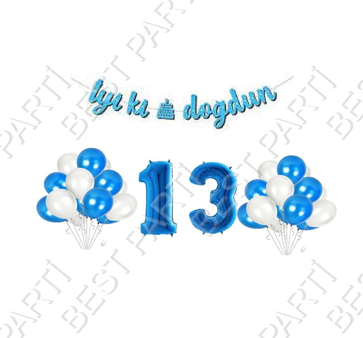 İyiki Doğdun Yazılı Banner 13 Yaş Mavi Balon Seti Doğum Günü