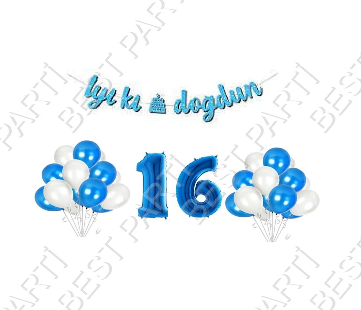 İyiki Doğdun Yazılı Banner 16 Yaş Mavi Balon Seti Doğum Günü