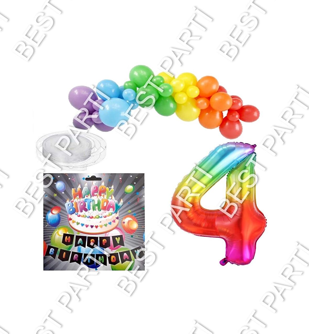 İyiki Doğdun Yazılı Banner 4 Yaş Gökkuşağı Temalı Balon Seti Doğum Günü