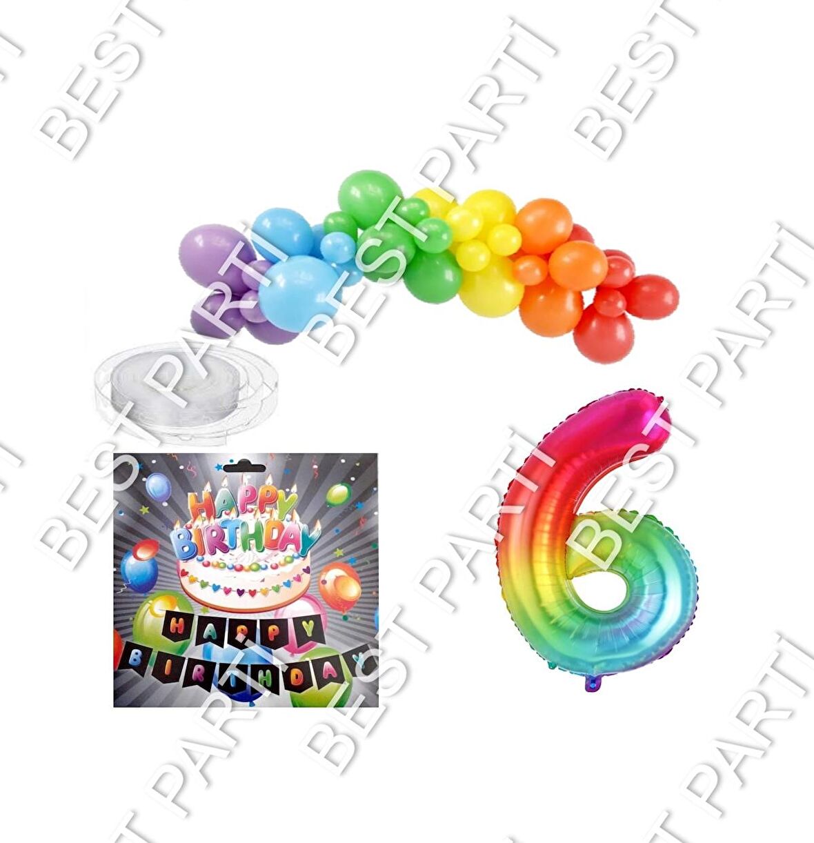 İyiki Doğdun Yazılı Banner 6 Yaş Gökkuşağı Temalı Balon Seti Doğum Günü